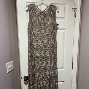 R&M Richards Taupe mother of the groom full length formal dress